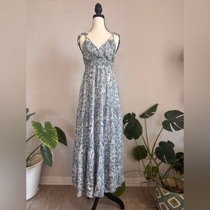 BILA 77 Blue Floral Maxi Dress S Smocked Boho Cottagecore India-Made Festival